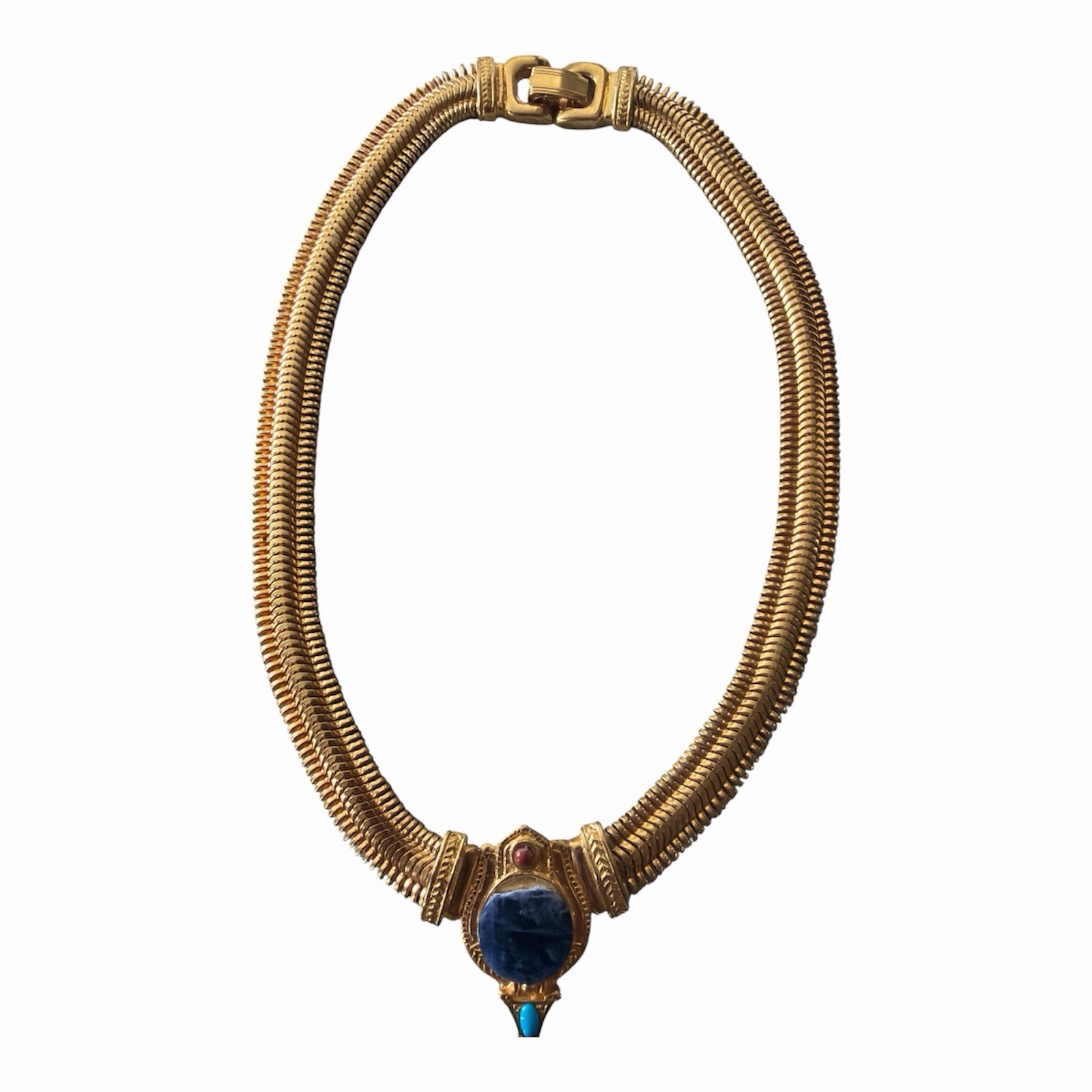 Vintage Etruscan Revival Gold-Tone Snake Chain Necklace with Cabochons