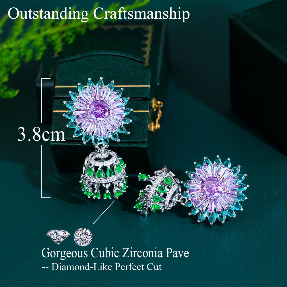 Silver Plated Green Purple Flower Tassel Dangle Earrings Women Zirconia Jewelry