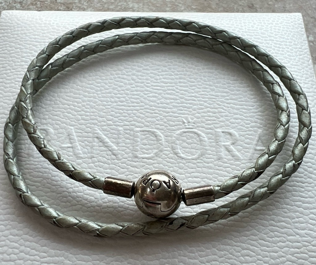 Pandora Green/Grey Leather Bracelet 36CM 925 ALE Crown Above O,