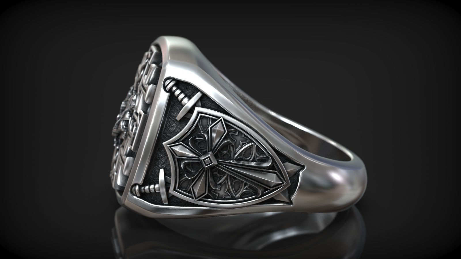 Oxidized Mens Jerusalem Cross Crusader Knight Medieval 925Silver Statement Rings