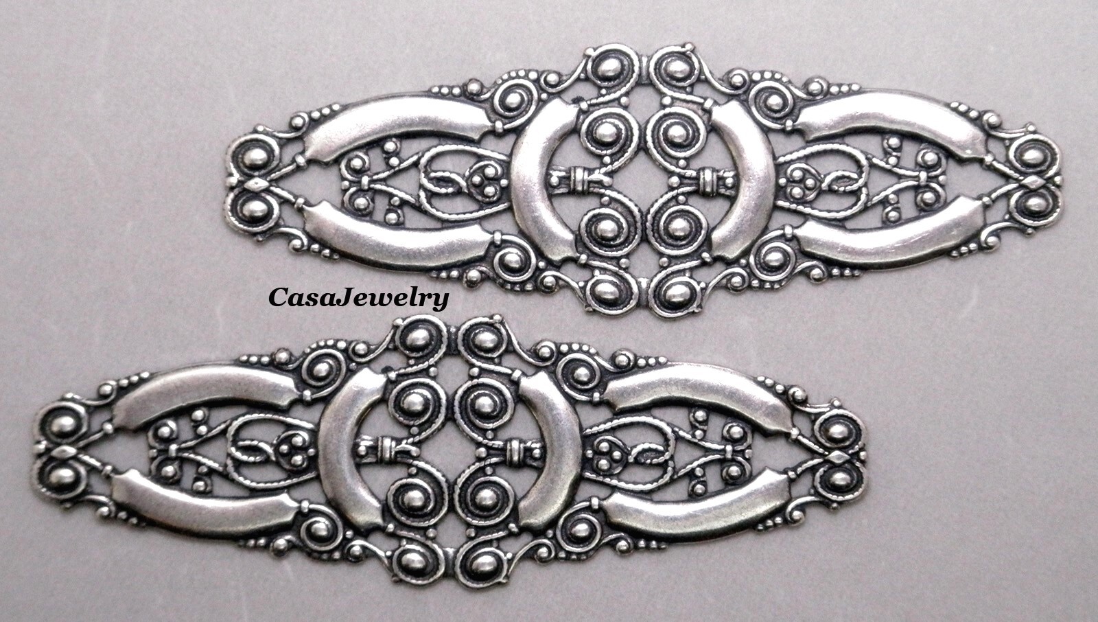 #4174 ANTIQUED STERLING SILVER PLATED OPEN FILIGREE BARRETTE COMPONENT – 1 Pc