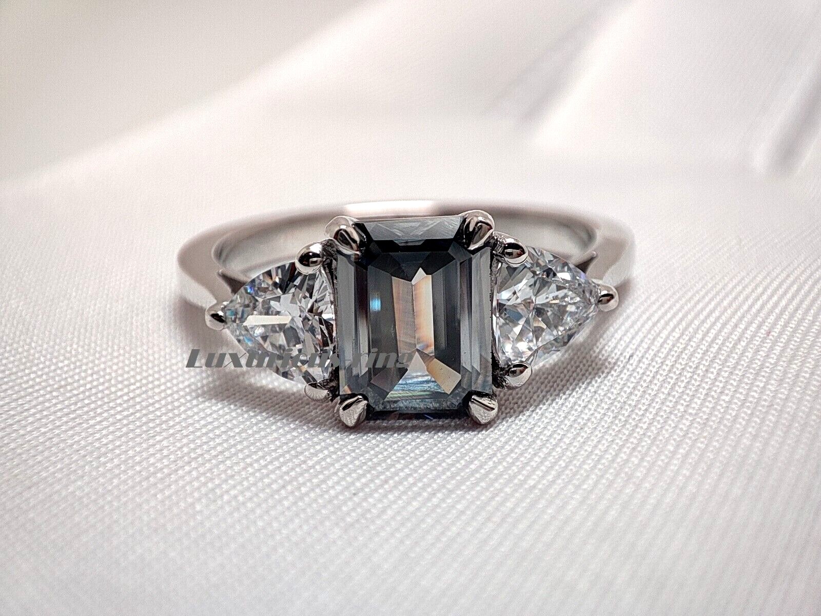 925 Starling Silver Ring, 8×6 mm Gray Emerald Cut Moissanite Anniversary Gift