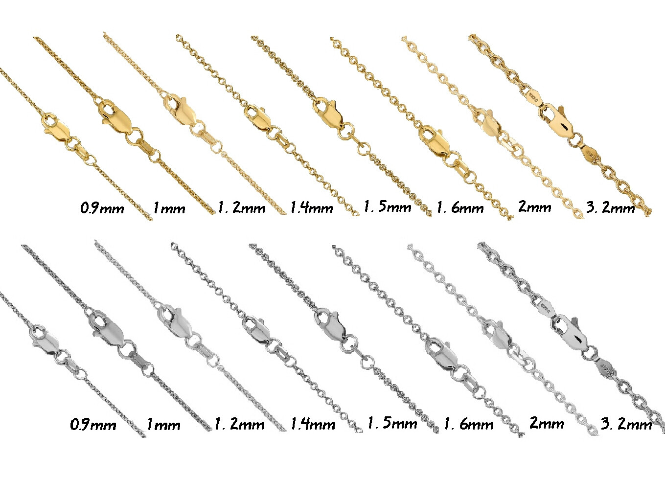Cable Pendant Chain – Solid 14K Yellow or White Gold – 9, 10, 14, 16, 18, 20, 22