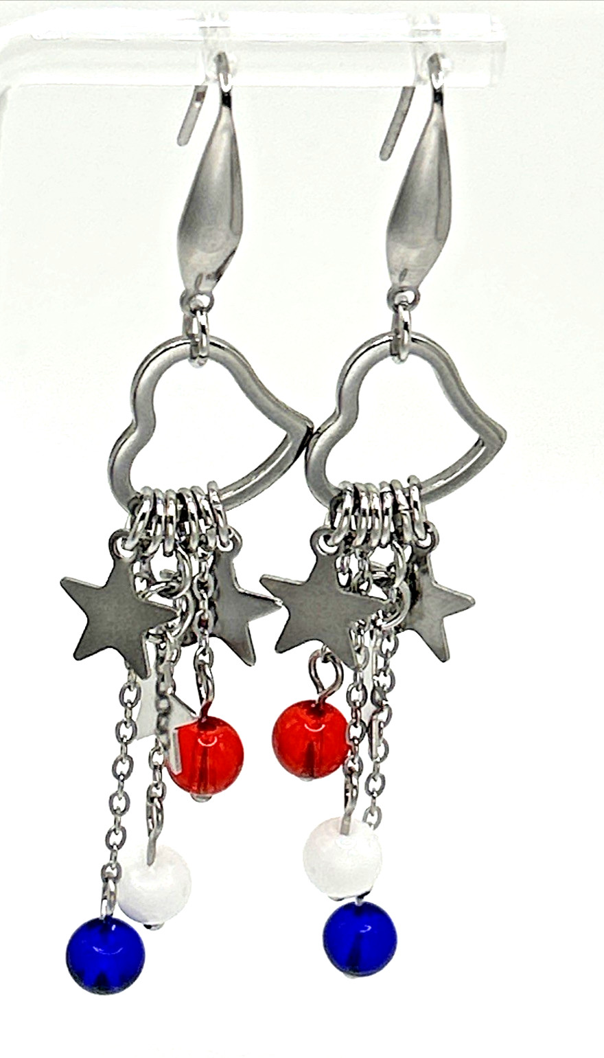 Hearts & Stars Red, White, & Blue Stainless Dangle Earrings USA 250th Patriotic
