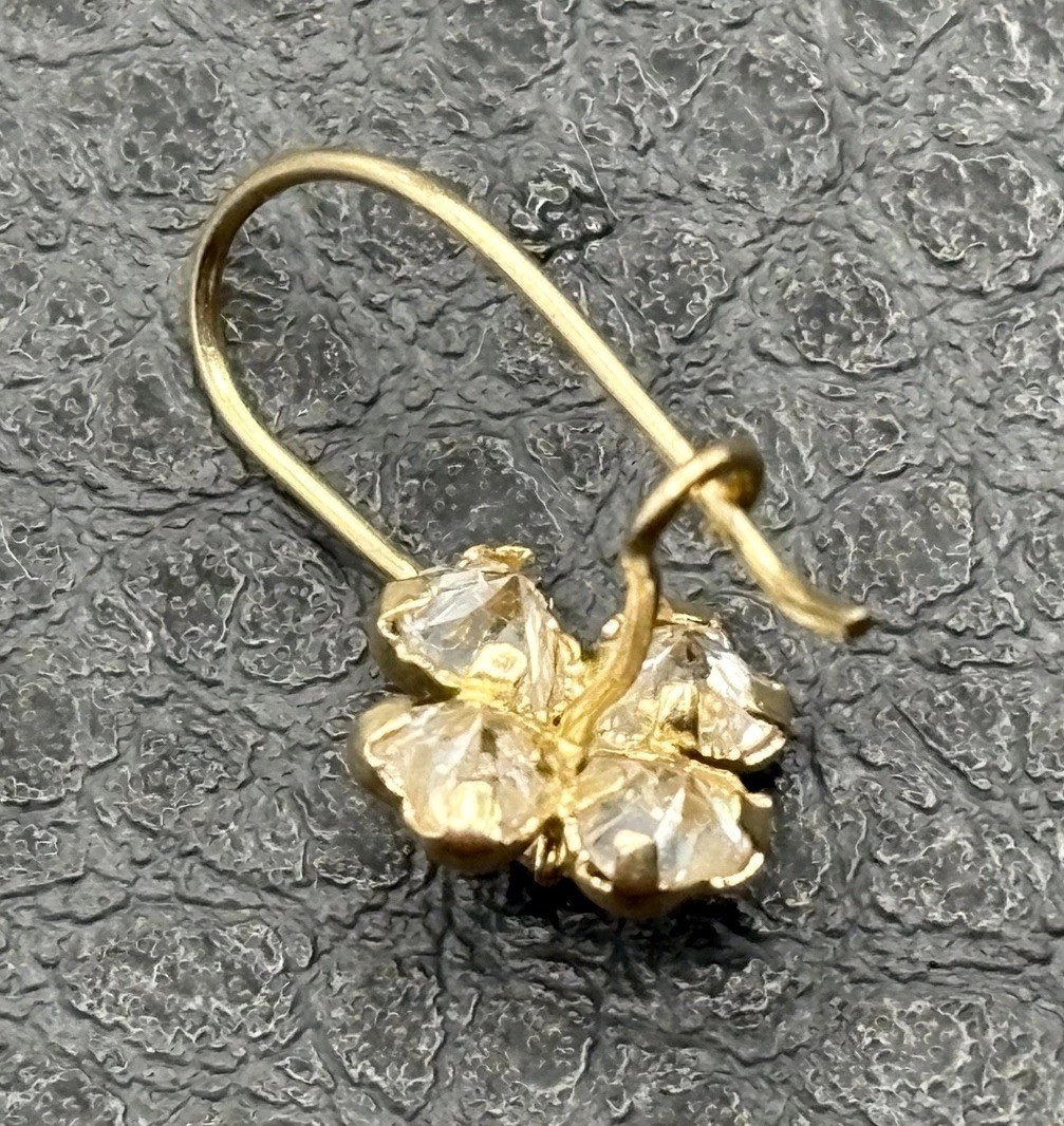10K Solid Yellow Gold Pink & White CZ Four Leaf Clover *Single* Earring