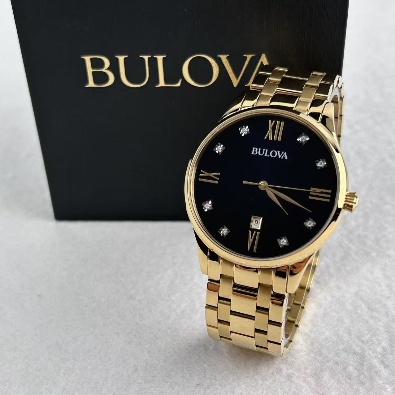Bulova 97D108 Diamond Black Dial Gold Bracelet Classic Men’s Quartz Watch 40mm