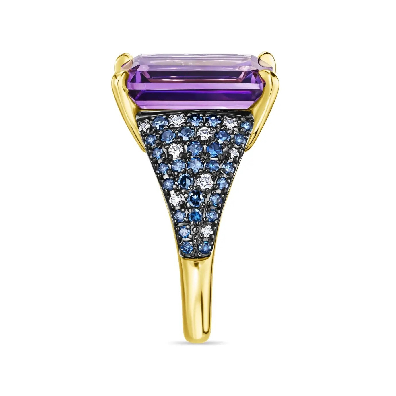 925 Sterling Silver African Amethyst Ring Emerald Cut Stone with Blue & White CZ