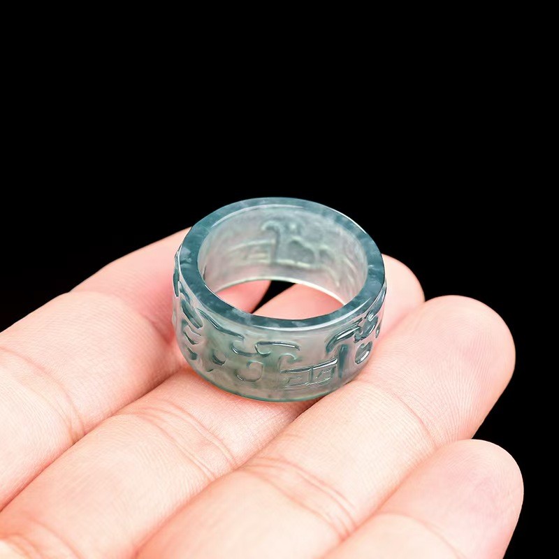 Real Grade A Blue Jade Jadeite Band Men Women Lucky Dragon Pixiu Ring ID:17-23mm