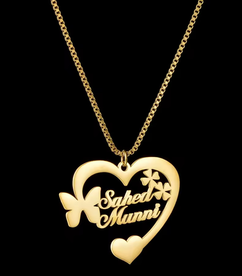 Custom Two Name Necklace Jewelry Heart Pendant Partner Gift Leaf Butterfly Gold