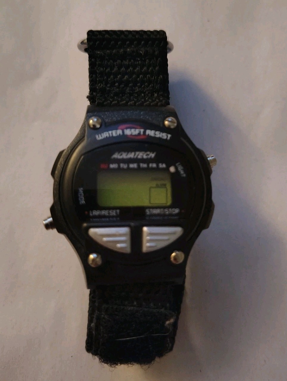 Vtg 1990 Aquatech Men’s Watch Digital Alarm Chronograph Black W.R. 50m Or 165ft