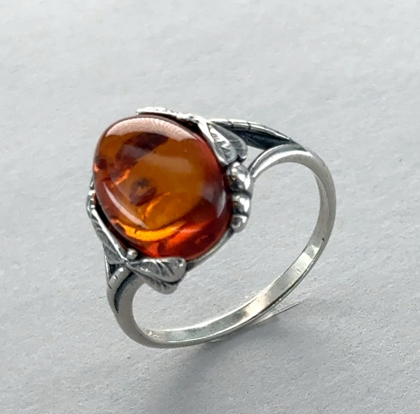 Oval Cognac / Brown BALTIC AMBER Dragonfly Ring 925 STERLING SILVER Poland #58e