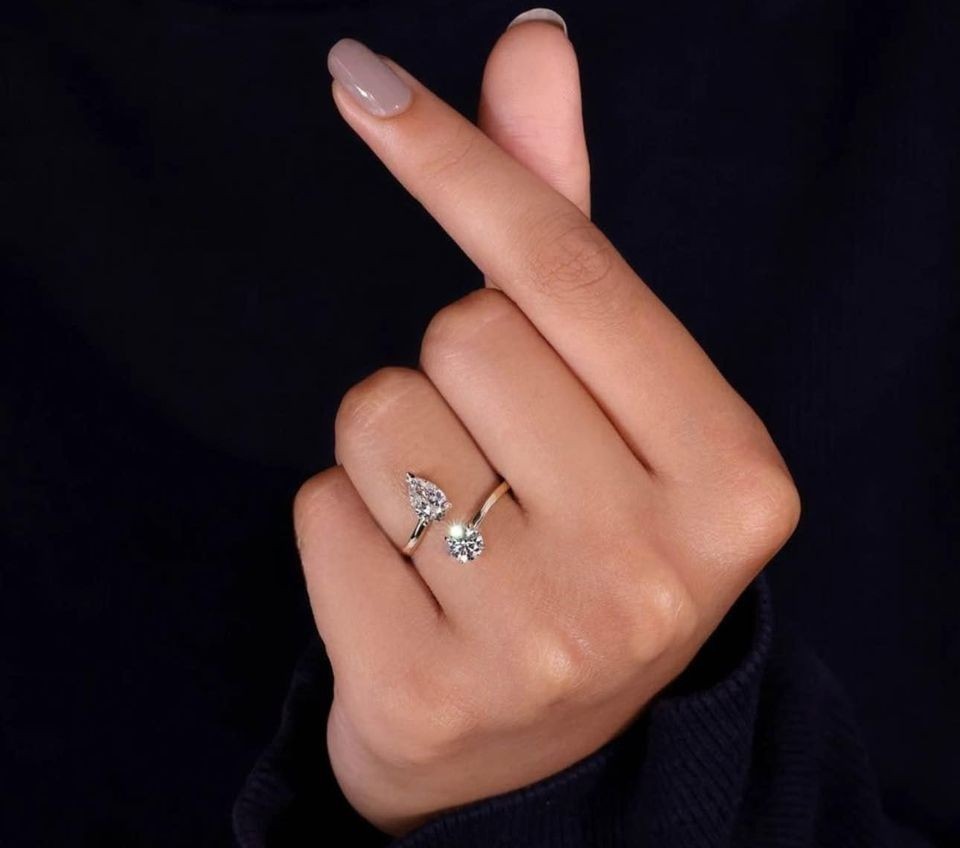 2Ct Round & Pear Cut Simulated Diamond Open Band Ring In 14K Yellow Gold Plated