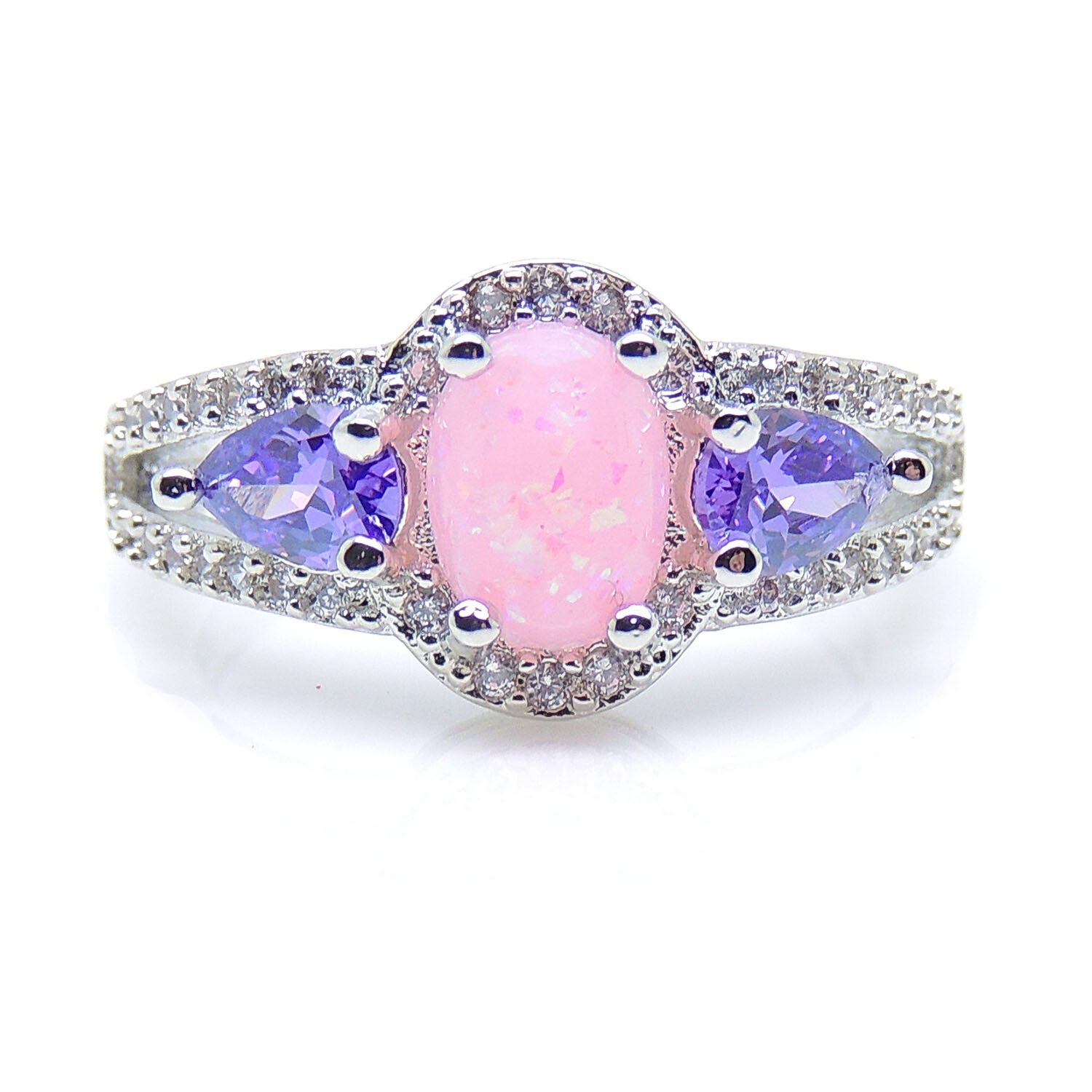 Chelsey Pink or White Oval Shape Simulated Fire Opal Purple Cz Ring Ginger Ly…