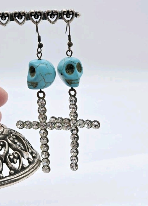 Turquoise Howlite Crystal Cross Drop Dangle & Skulls Earrings Halloween 3.75 in