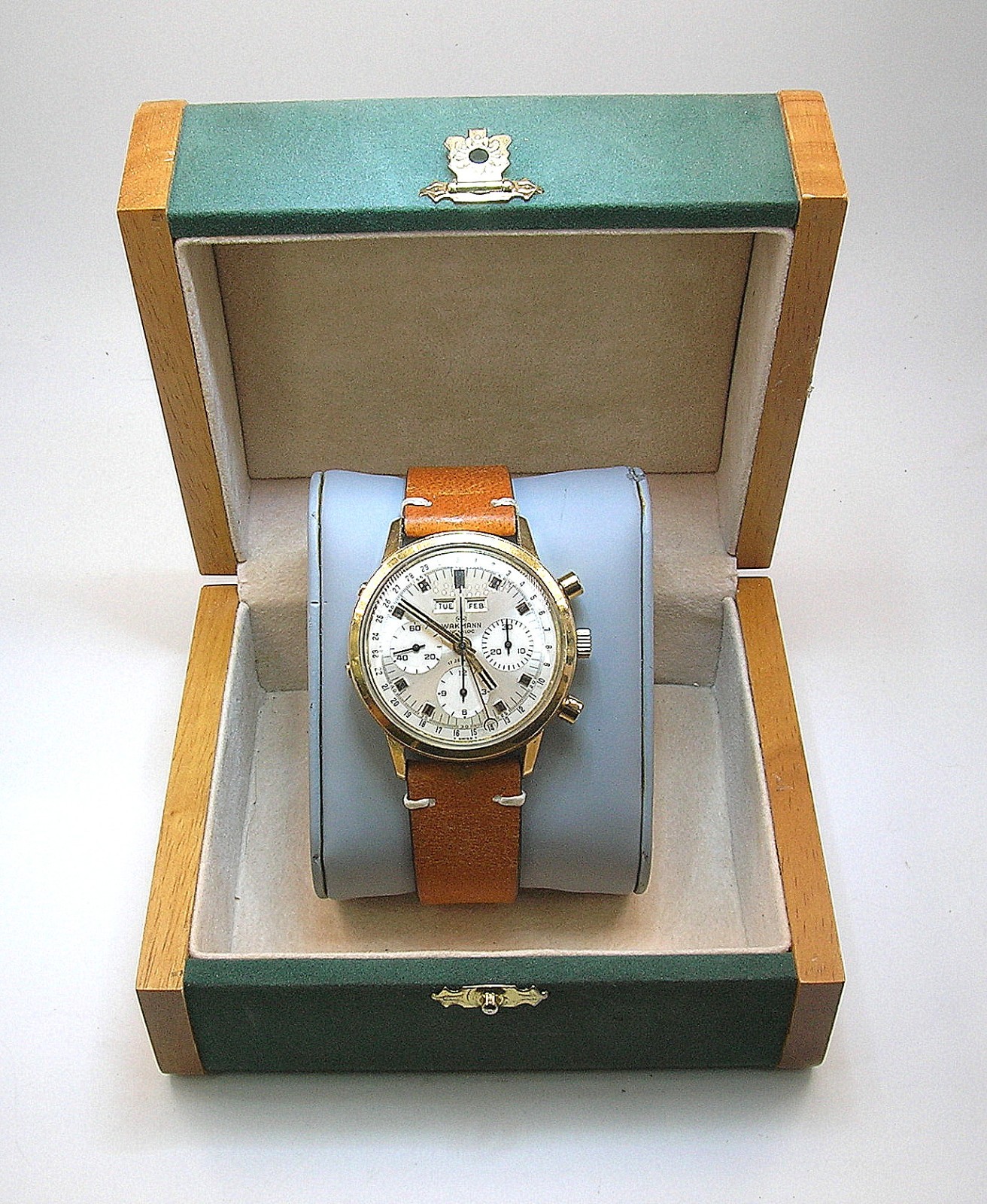 WAKMANN JUMBO TRIPLE DATE CHRONO VALJOUX 730-WORKING-SMALL PUSHER HEAD MISSING