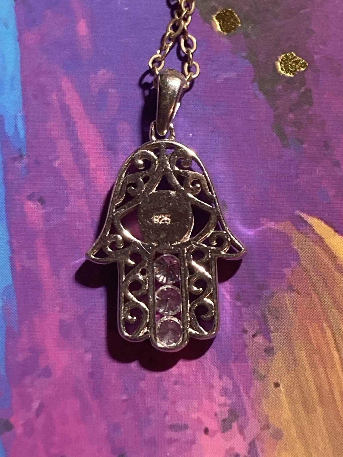 Peter Stone 925 Hamsa Hand Evil Eye Protection Pendant with Gemstones