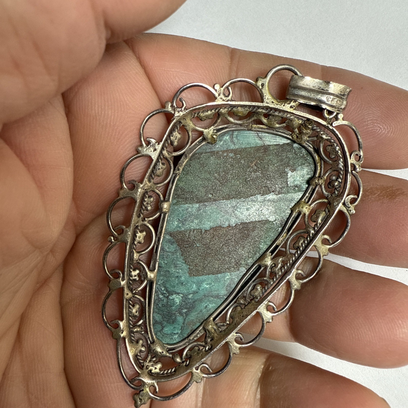 Israel Eilat Stone Pendant Handmade Vintage Filigree Big Stone