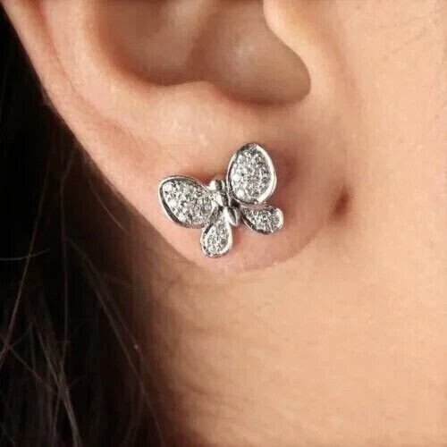 1.50 Ct Round Cut Moissanite Tiny Butterfly Stud Earrings 14K White Gold Plated