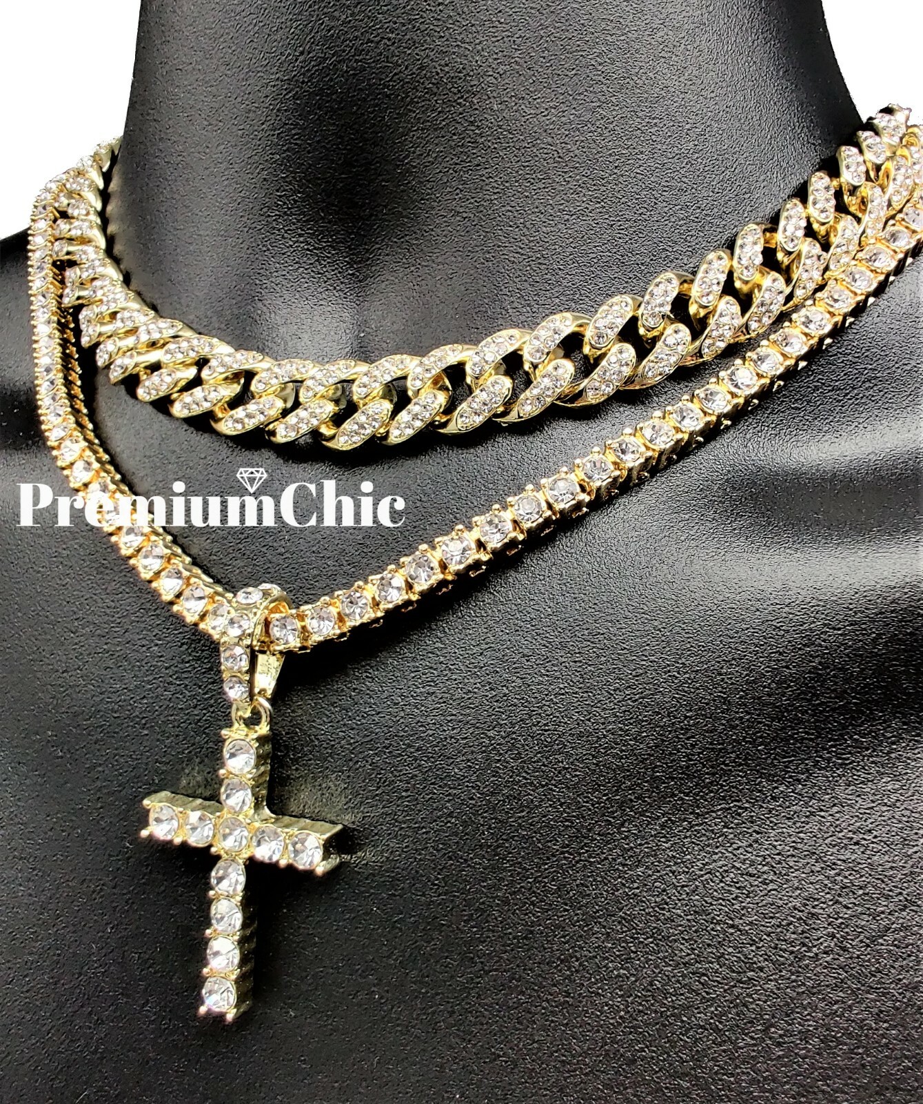 Miami Cuban Choker Necklace Cross Pendant Tennis Chain Gold Plated CZ Jewelry