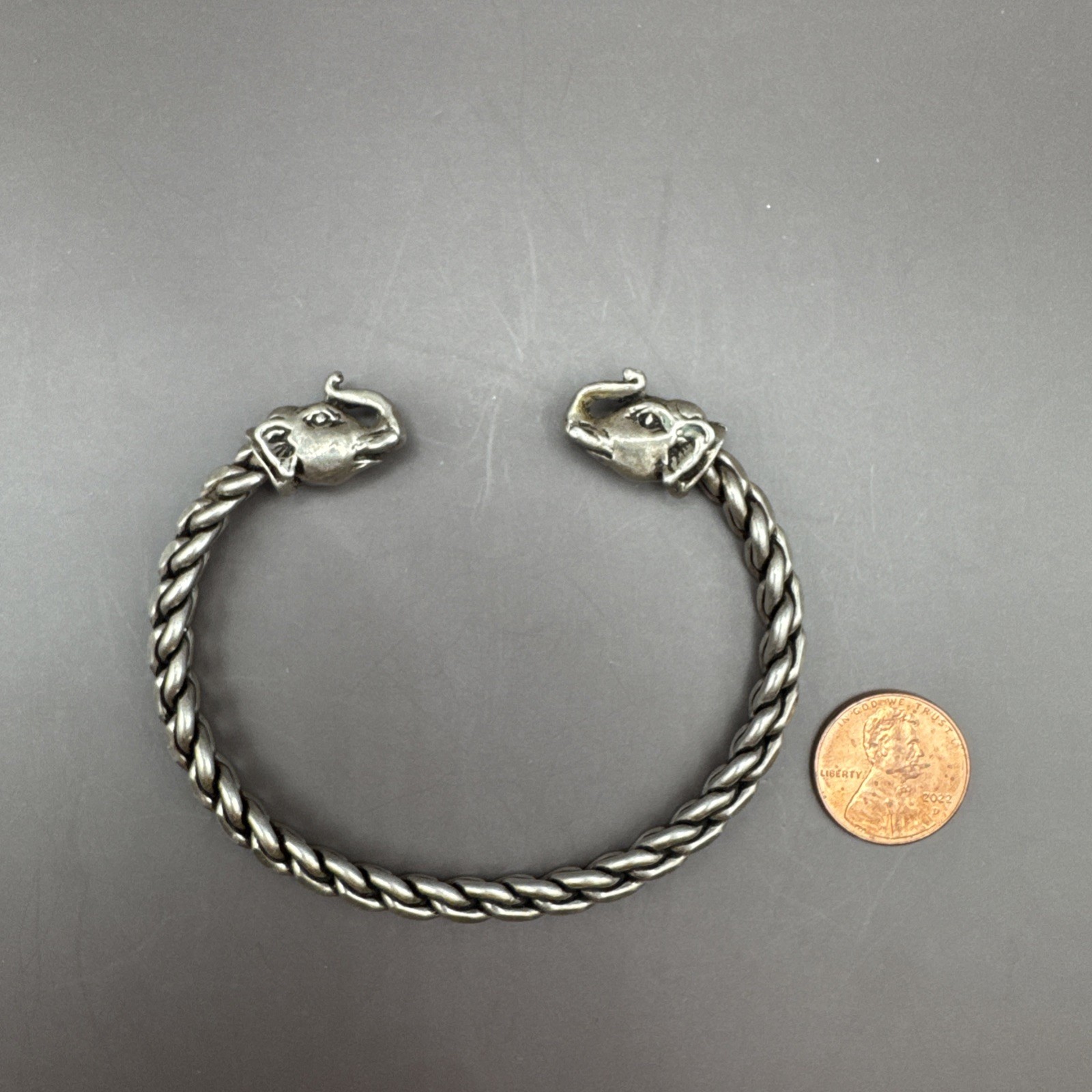 Sterling Silver Elephant Head Cuff Bracelet Open Ended Braided Bangle 39 grams