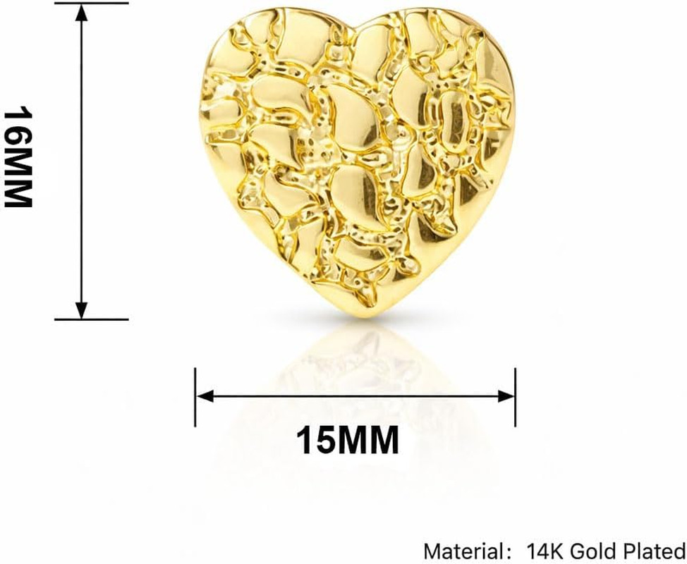 18K Gold Plated Rough Textured Heart Shape Nugget Stud Gold Earrings for Men/Wom