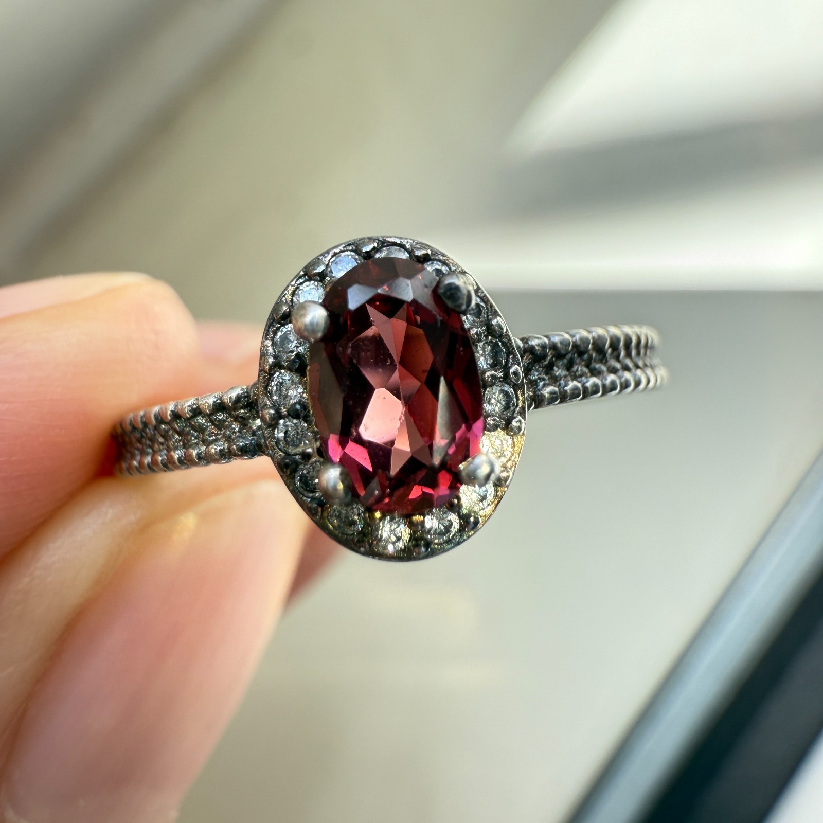 925 Sterling Silver Ring 6x4mm Natural Rhodolite Garnet Zircon Flower Red Gift