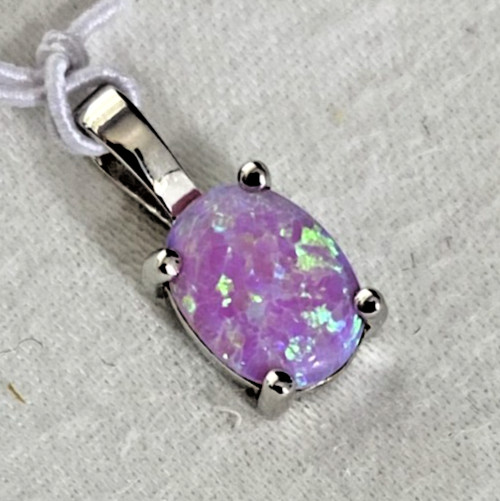 925 Sterling Silver Pink Lab Opal Solitaire Pendant, 13×6 mm, Gift Ready, NOS 1g