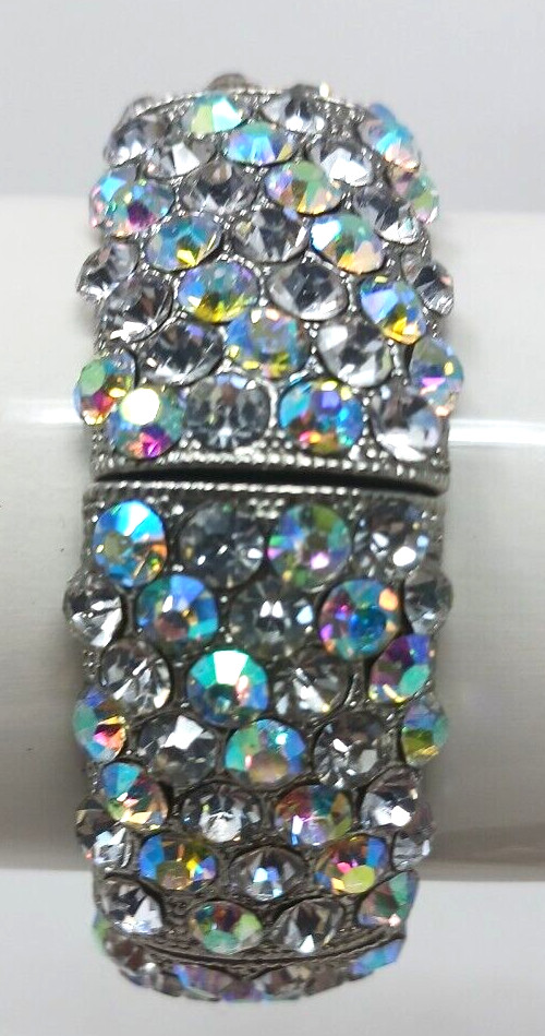 AB Crystal Rhinestone Stretch Bracelet SilverTone Statement BLING Chunky #J10-W