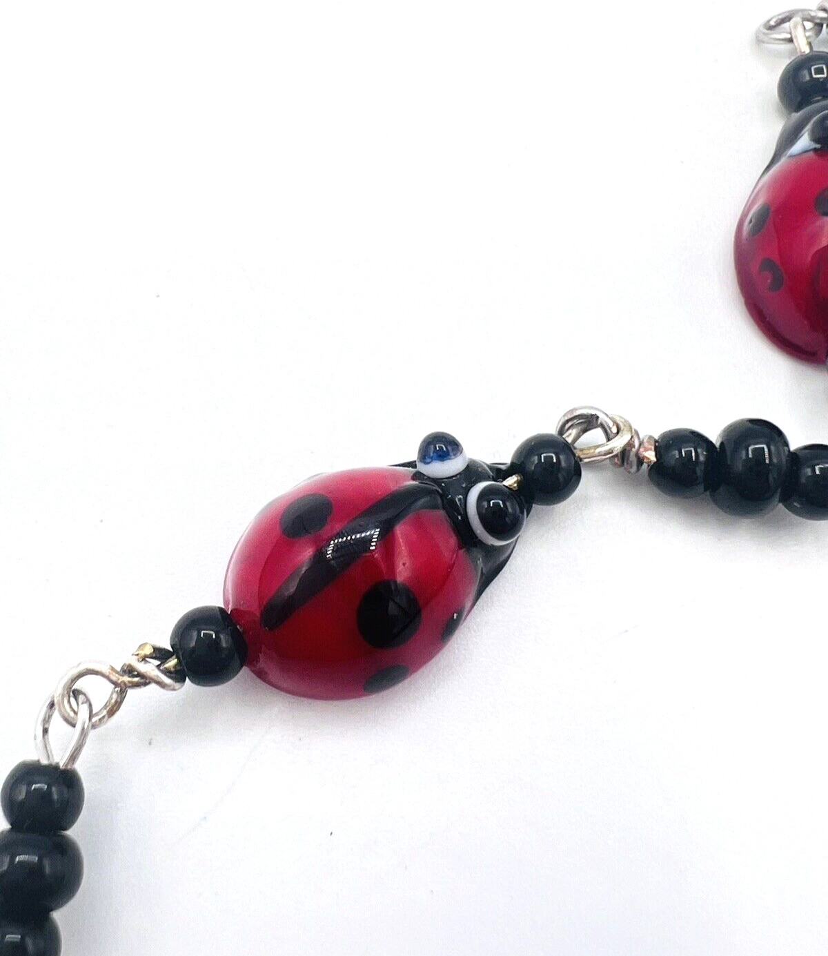 Glass Bead Red Black Ladybug Bracelet Heart Toggle Clasp 8.25 in