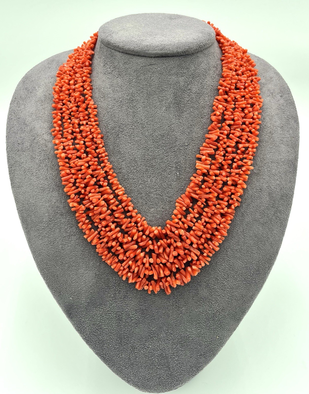Natural Mediterranean Red Coral Necklace 5 Strands Domes 45-65cm Silver