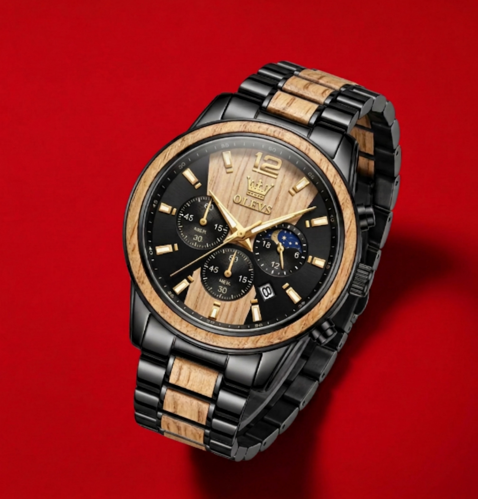 Men Watch Chronograph Quartz Wristwatch Zebra Wood Grain Trim Black 2 Tone Strap