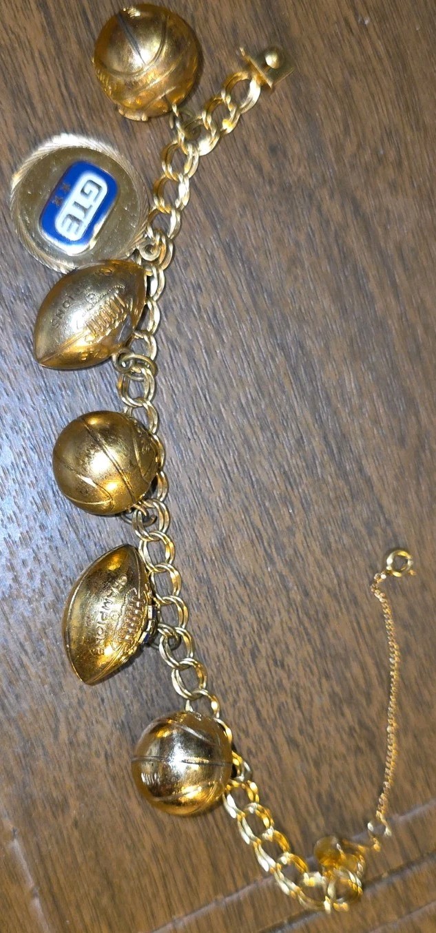 1940s & 1950s 12K GF Spartan Charm Bracelet Gold Football Basketball GTE Charm