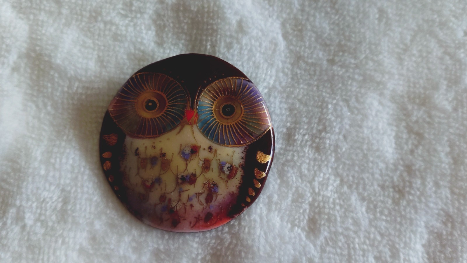 Japanese Cloisonné Owl Brooch, Multicolor Gold-Tone