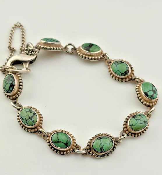 VINTAGE STERLING SILVER GREEN TIBETAN TURQUOISE BRACELET 7″ 14.54G S CHAIN 1476