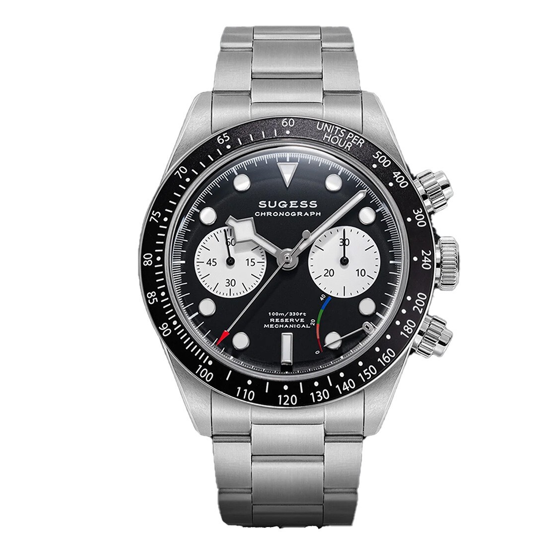 Sugess S457 Mechanical Chronograph Steel Black White Sapphire Men’s Watch