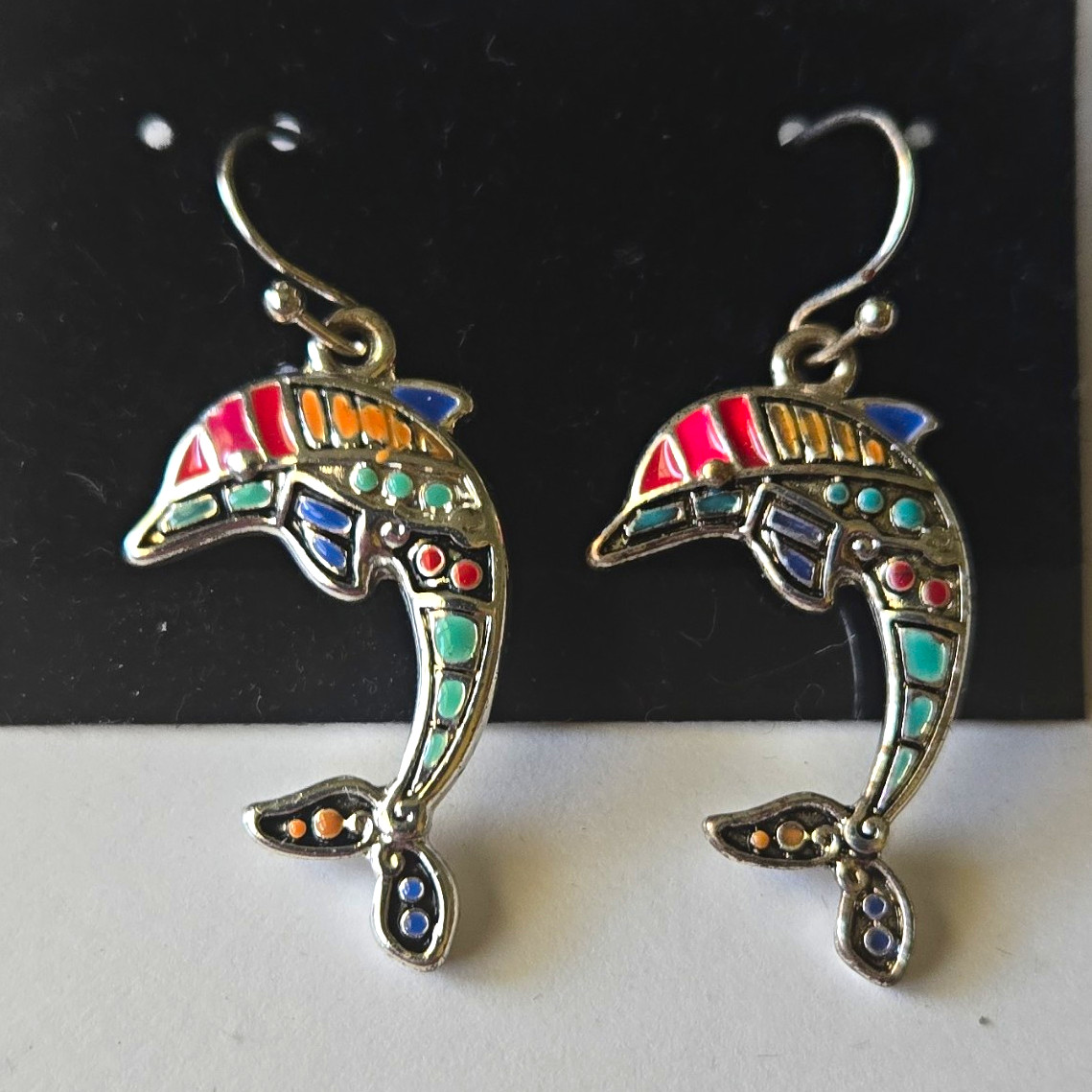 Earrings Dolphin Dangle/Drop Multicolor Enamel Metal Hook Nickel-Free No Stone