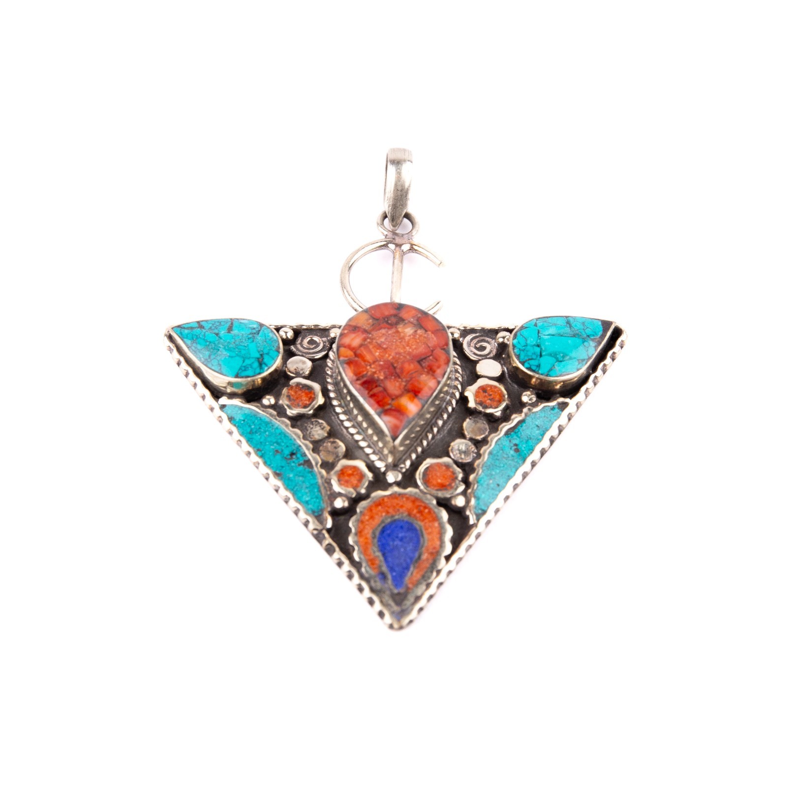 Tibetan Pendant, Tazerzit Pendant, Turquoise Stone Amulet, Coral & Lapis Lazuli