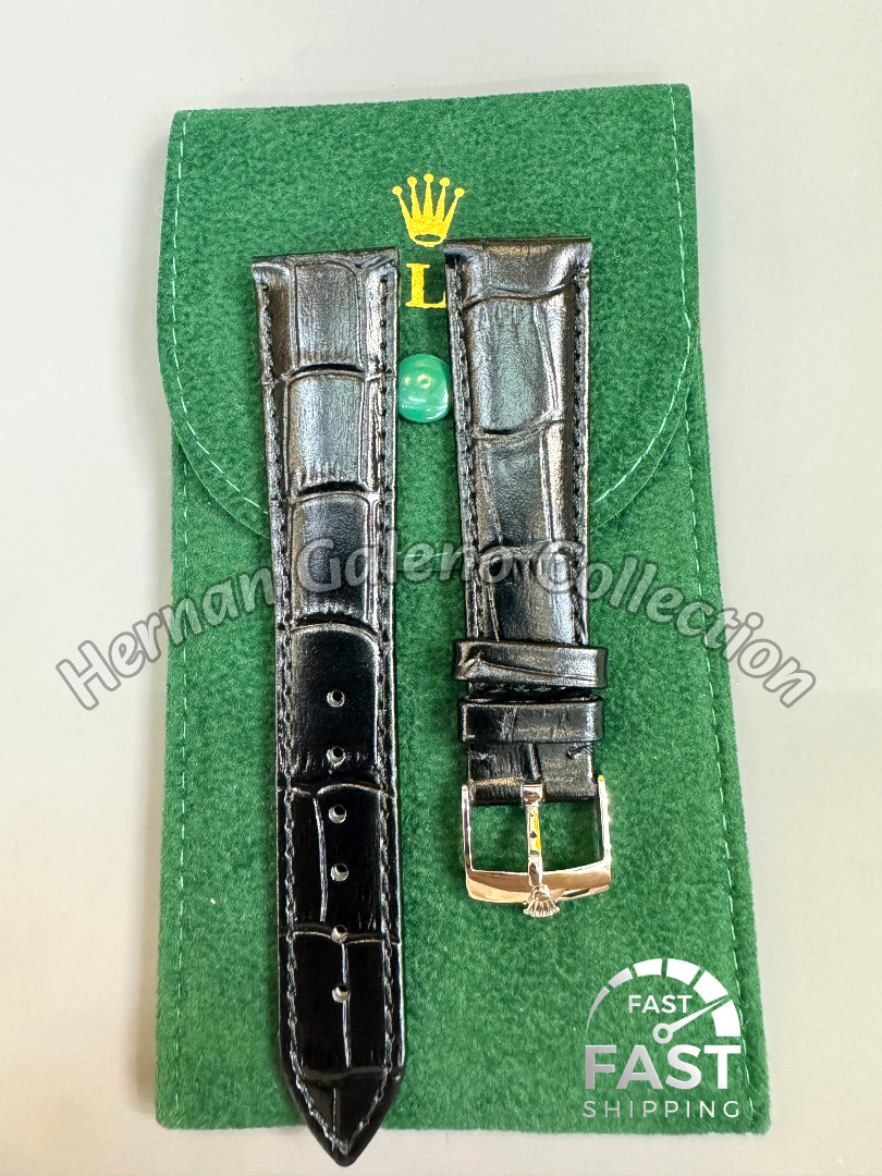 Rolex Black Crocodile Leather Watch Strap Silver Buckle 20mm Vintage NOS