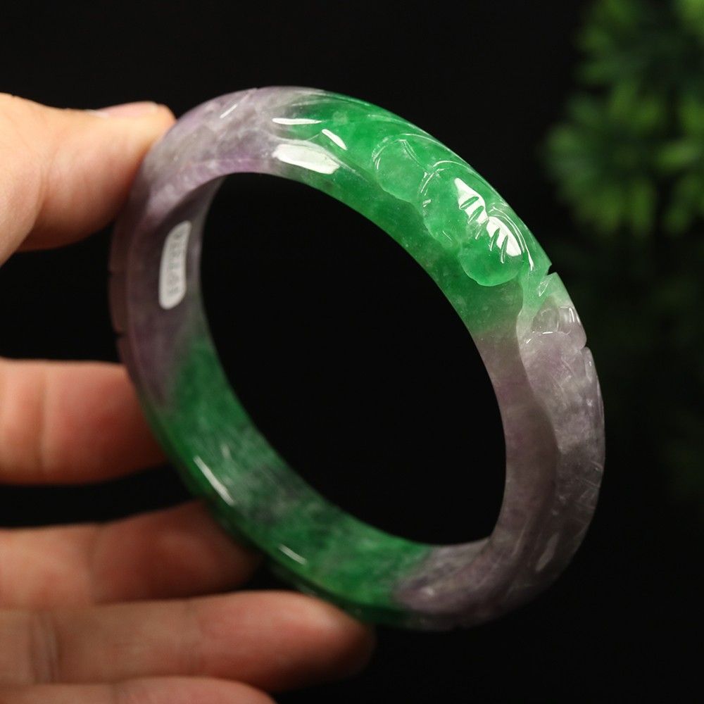 64mm Lavender Purple Green Jadeite Jade Bangle Bracelet Bat Ruyi Fish A-14801