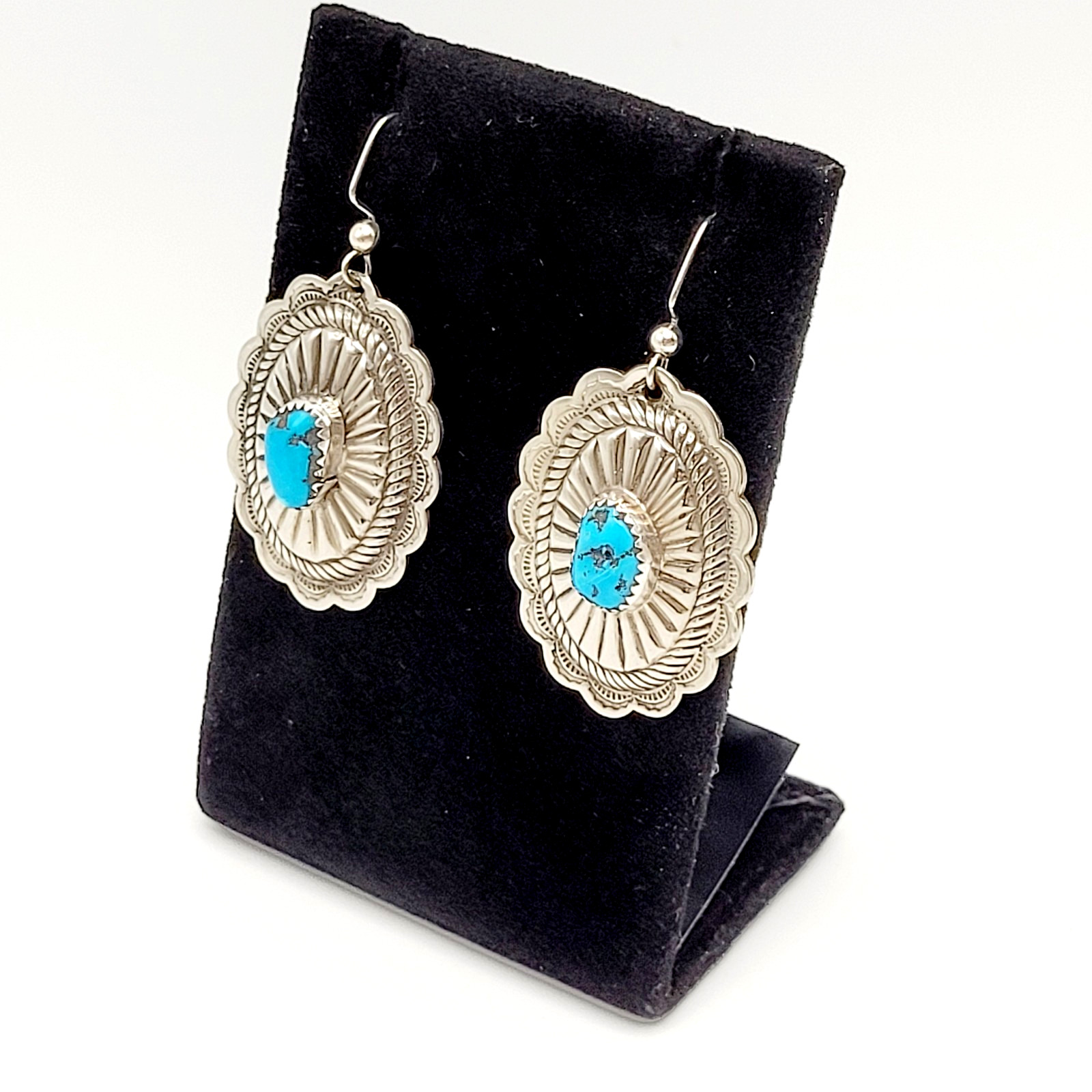 Southwestern Style Silver Tone Turquoise Concho Dangle Pierced Hook Earrings