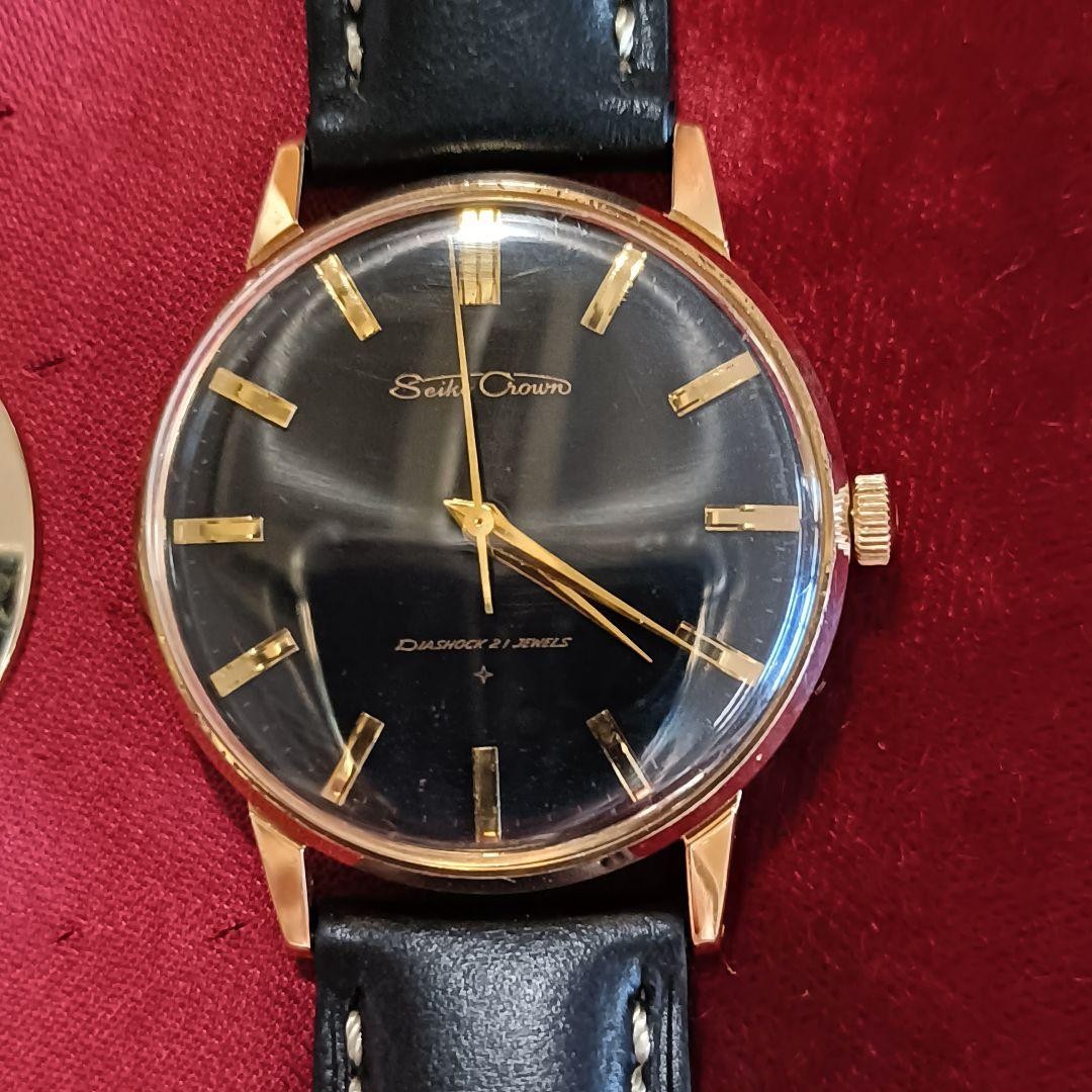 SEIKO Crown J15003E Watch Hand-Wound Black Dial Gold Plated