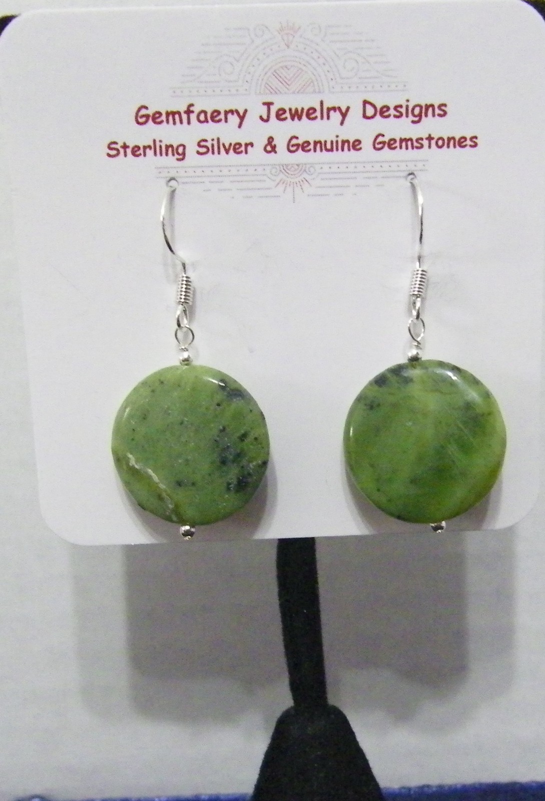 Sterling Silver Natural SERPENTINE Disc Dangle Earrings #1716…Handmade USA
