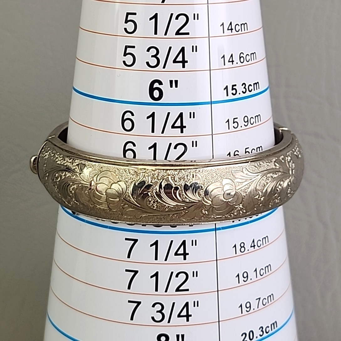 Vintage Etched Bangle Bracelet 14mm Hinged Puffy Silver Tone Push Lock 6.5″