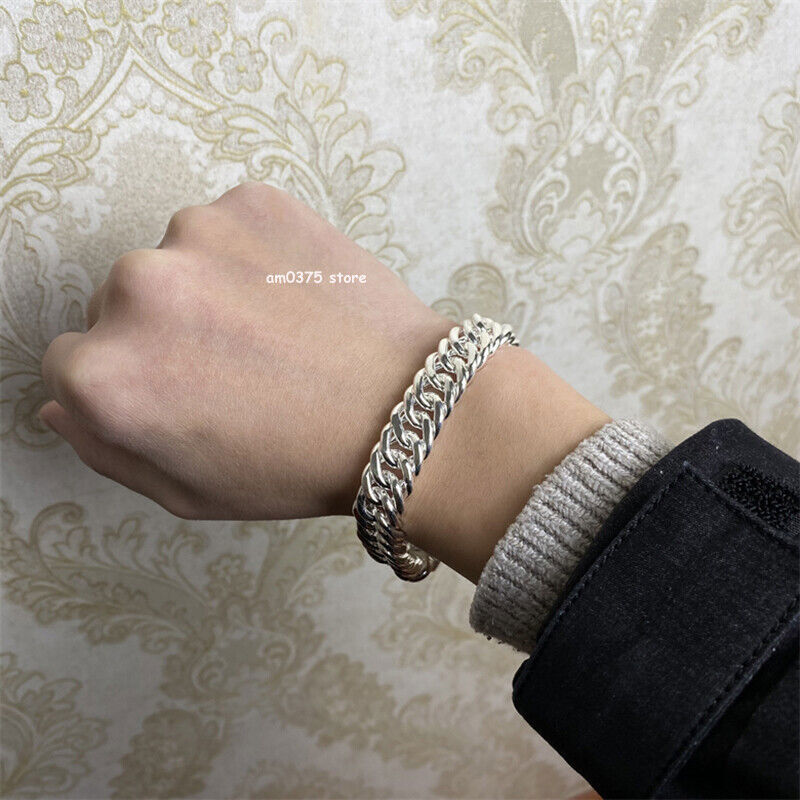 Real 999 Pure Silver Bracelet Women Men 7mm/8mm/10mm Cuban Curb Link Chain