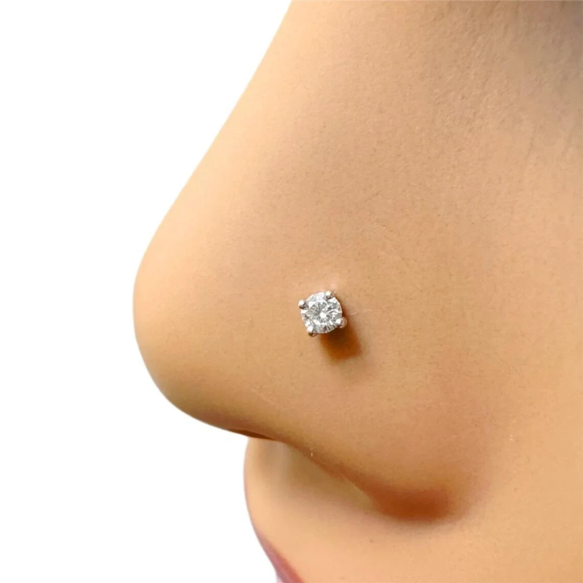 2.5MM Round Diamond Nose Stud Piercing Pin 18 Gauge 14Kt White Gold Men & Women