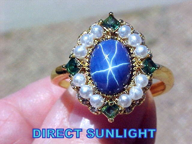 Blue Star Sapphire 8x6mm & Pearl 2.1mm Ring 925 – Yellow Gold Finish
