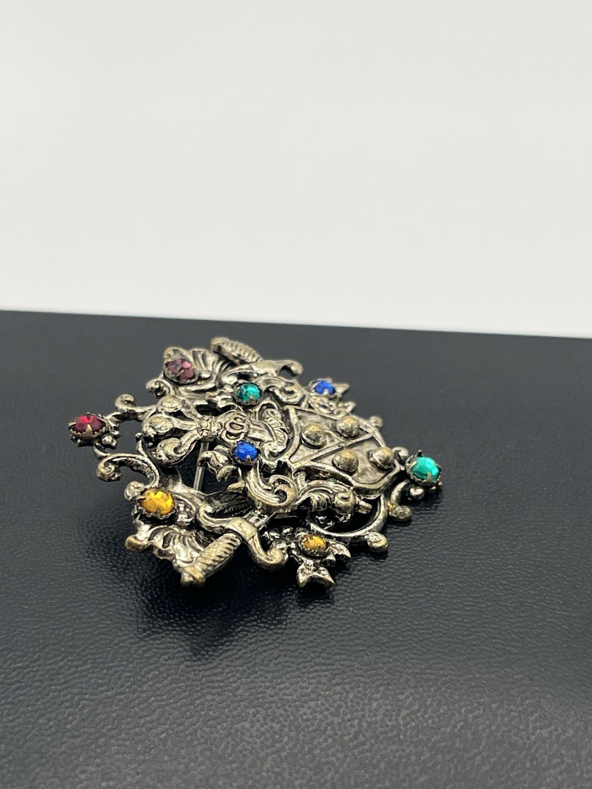 Coat of Arms Family Crest Colored Rhinestone CZECH SLOVAKIA Vintage Brooch pin