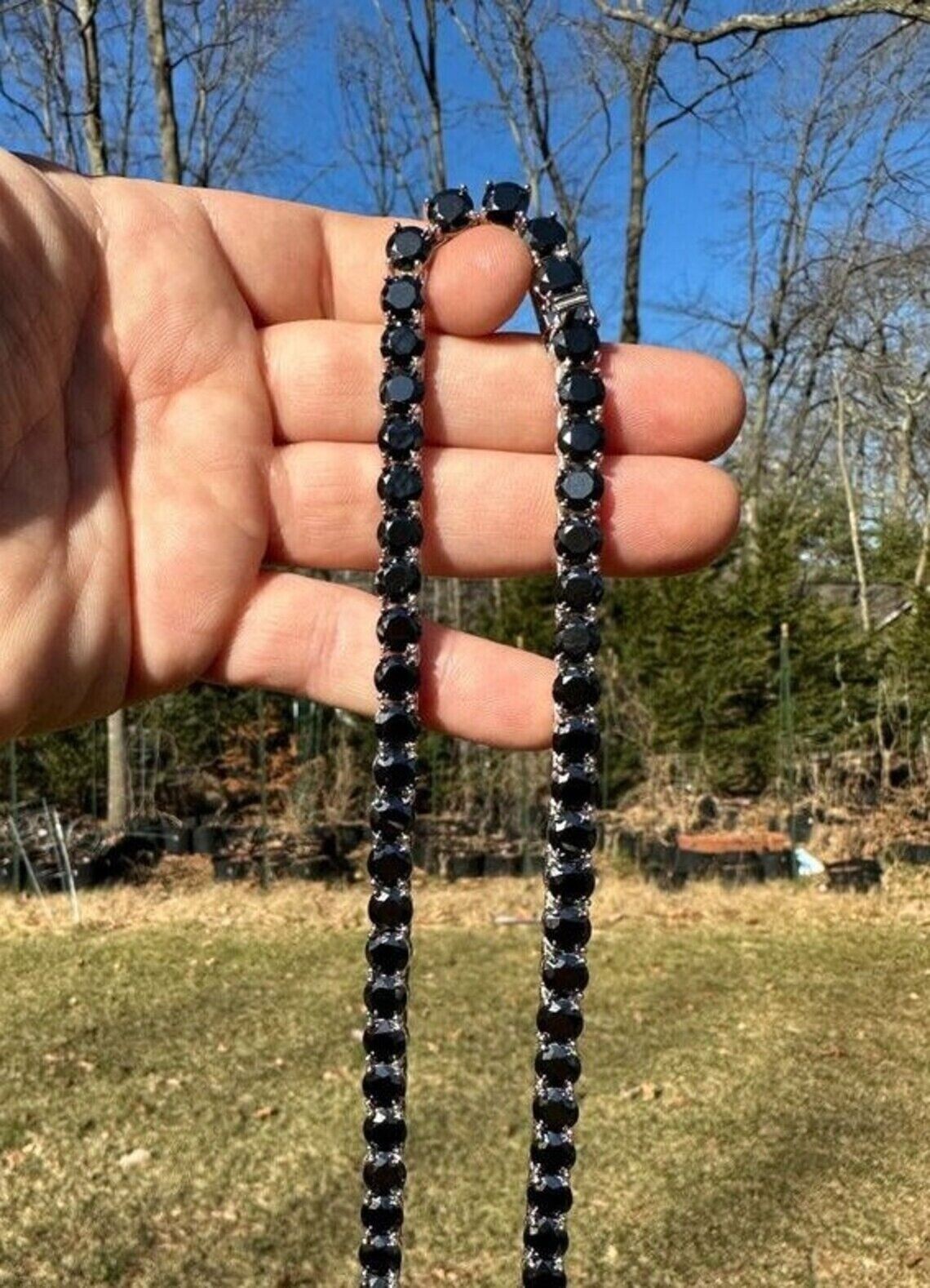 45.72 ctw Lab Created Black Spinel 14K White Gold Plated 5MM Tennis Necklace 18