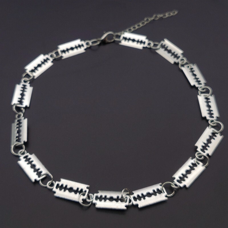 Punk Rock Emo Goth Silver mini Razor Blade Choker style Necklace 15 1/2″