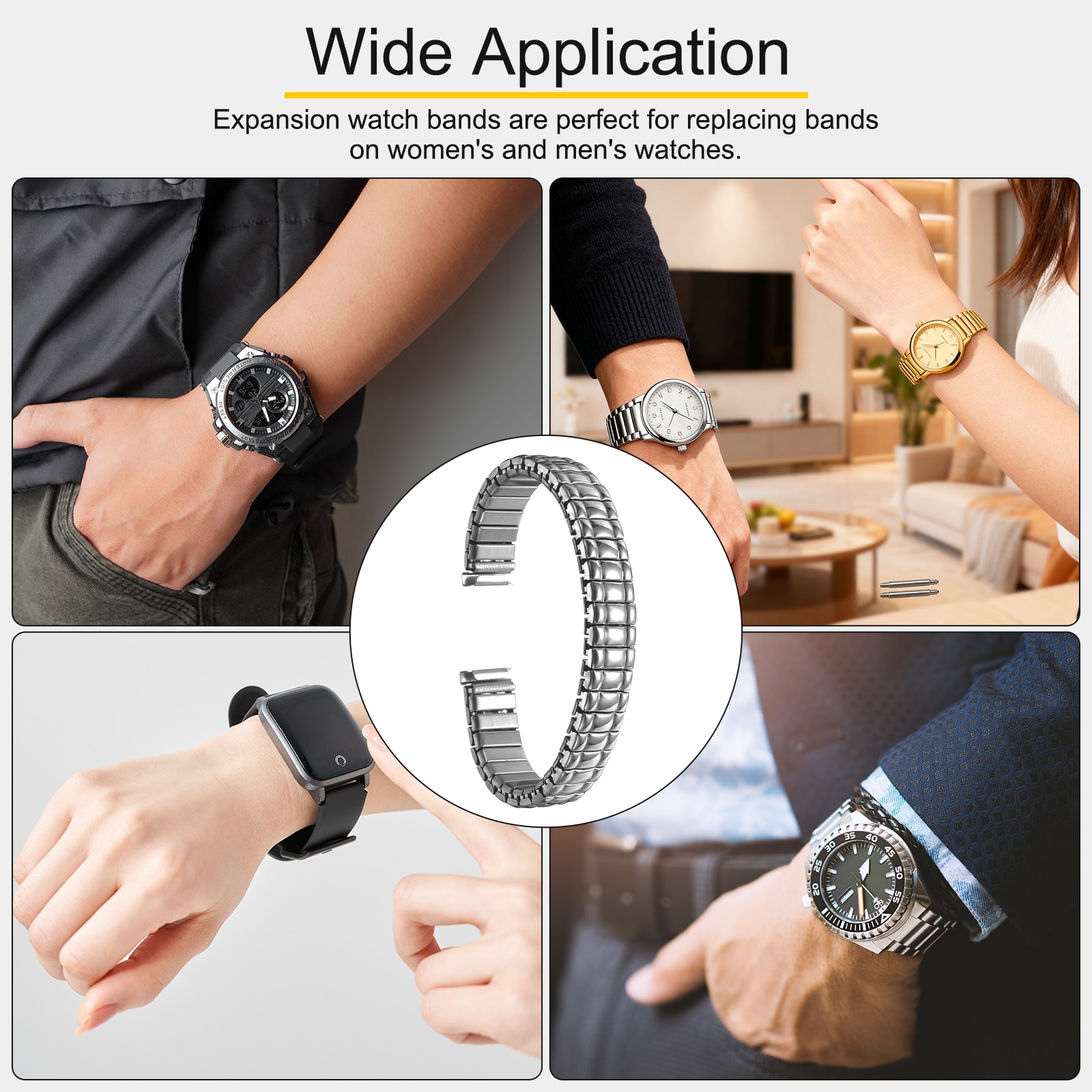 Expansion Watch Bands 12mm Stainless Steel Stretch Watch Strap Silver